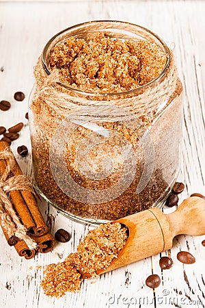 Homemade sugar scrub with coffee on a wooden background Stock Photo