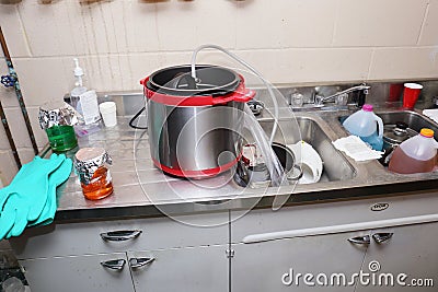 Methamphetamine Synthesis on a Basement Sink Counter Top Stock Photo