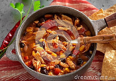 Homemade Taco Chicken Soup with Corn Chips Stock Photo