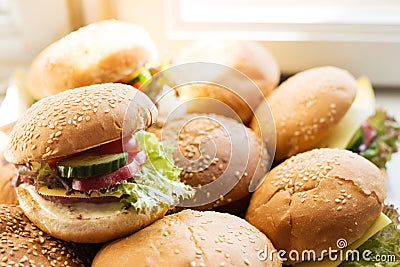 Homemade tasty hamburgers with beef, cheese . Street food, fast food Stock Photo