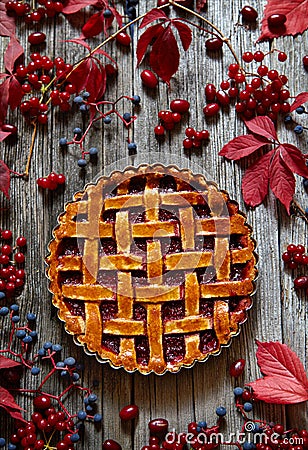 Homemade Thanksgiving raspberry tart pie with jam on wooden table. Autumn creative composition decoration. Stock Photo