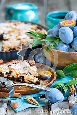 Plum pie with cinamon and almonds Stock Photo