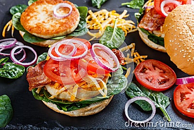 Homemade turkey burgers on buns, top view Stock Photo