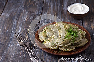Homemade vegan dumplings, vareniki, pierogi, kreplach stuffed with vegan lentil Stock Photo