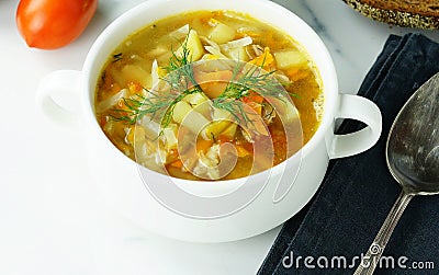 Homemade vegetable soup in white bowl Stock Photo