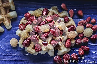 Homemade waffles with berries on blue wooden background. Delicious, nutritious, fantastic breakfast or desser Stock Photo