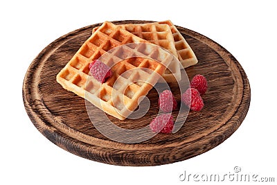 Homemade waffles with berries on wooden board isolated. Belgian waffle with fruit raspberry on white background. Stock Photo