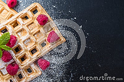 Homemade Waffles with Raspberries Stock Photo