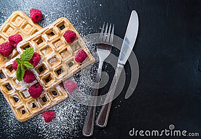 Homemade Waffles with Raspberries Stock Photo