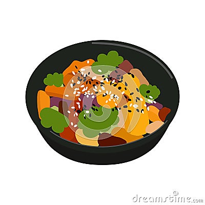 Homemade warm salad with vegetables and chicken. Cartoon Illustration