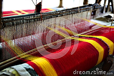 Homemade Weaving Used for Traditional Wood Loom Making A Bengali Saree Stock Photo