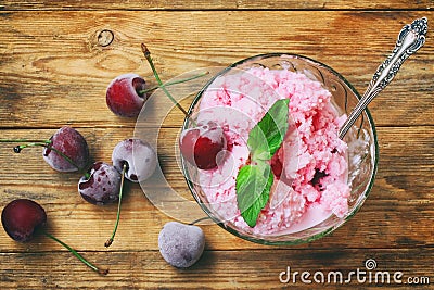 Homemade yogurt ice cream, with cherry, mint leaves Stock Photo