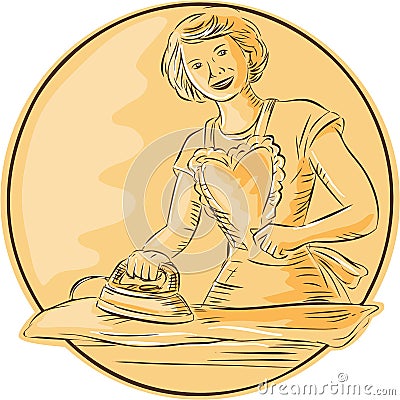 Homemaker Ironing Clothes Vintage Etching Vector Illustration