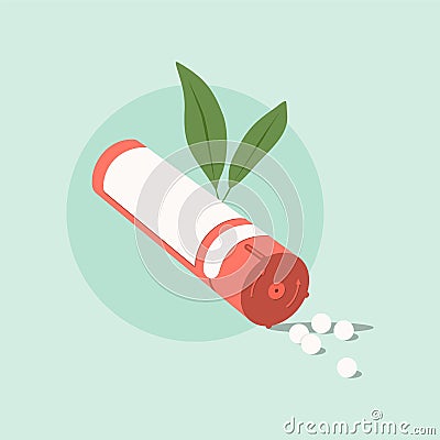 Homeopathic medicine on a green background. Homeopathic pills.Alternative medicine Cartoon Illustration