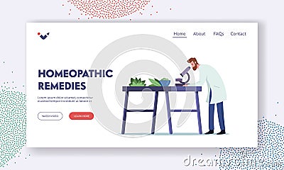 Homeopathic Remedies Landing Page Template. Doctor Pharmacist Research Properties of Natural Plants through Microscope Vector Illustration