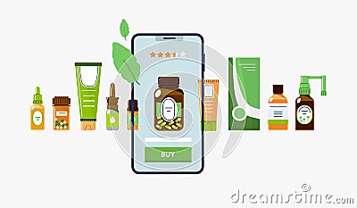 Homeopathic remedy online.Buying herbal medicines via Internet.Vector Vector Illustration