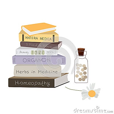 Homeopathy books and medicine, naturopathic health concept elements isolated on white vector illustration with Vector Illustration