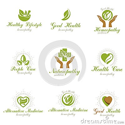Homeopathy creative symbols collection. Naturopathy conceptual v Vector Illustration