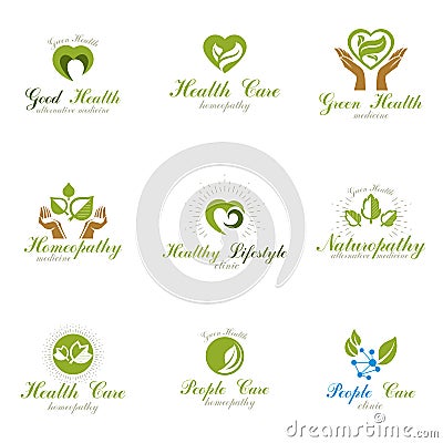 Homeopathy creative symbols collection. Naturopathy conceptual v Vector Illustration