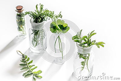 Homeopathy. Medicinal herbs in glass on white background Stock Photo