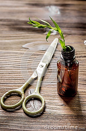 Homeopathy. Store up medicinal herbs. Herbs in glass on wooden table background Stock Photo