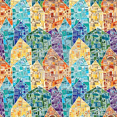 Seamless vector pattern with colorful houses decorated as a mosaic with many geometric details Vector Illustration