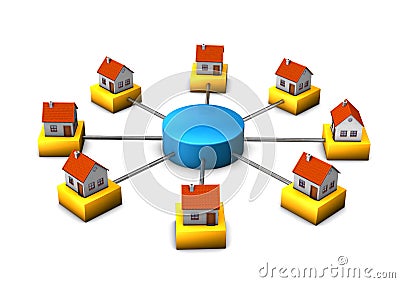 Homes connected to hub Cartoon Illustration