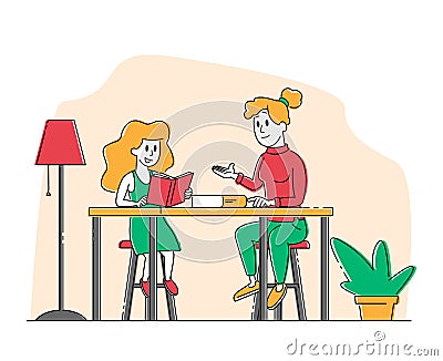 Homeschooling Education Concept. Young Woman and Schoolgirl Sitting at Desk, Teacher or Mother Female Character Vector Illustration