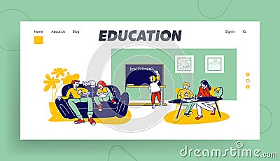 Homeschooling Website Landing Page. Children Getting Education at Home with Tutors or Parents in Relaxed Environment Vector Illustration