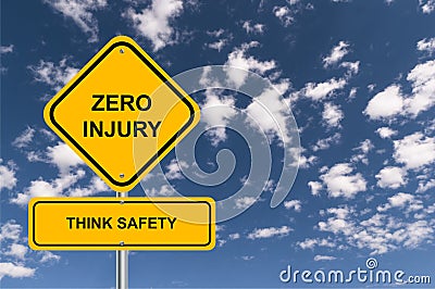 Zero injury think safety traffic sign on blue sky Stock Photo