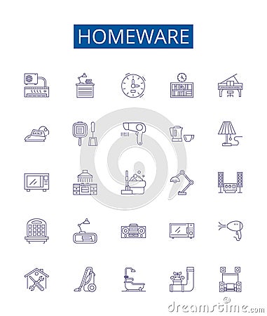 Homeware line icons signs set. Design collection of Furniture, Kitchenware, Tableware, Lighting, Bedding, Bathroom Vector Illustration