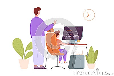 Homework help on pc. Father teaching teen student computer elearning, helpful parent learn child sitting schooler boy Vector Illustration