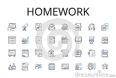 Homework line icons collection. Assignment-task, Project-activity, Test-exam, Essay-paper, Reading-study, Presentation Vector Illustration