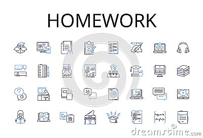 Homework line icons collection. Assignment-task, Project-activity, Test-exam, Essay-paper, Reading-study, Presentation Vector Illustration
