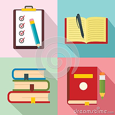 Homework study school icons set, flat style Cartoon Illustration