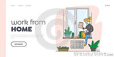 Homeworking Place, Working Activity Landing Page Template. Woman Sitting on Windowsill Work with Papers Docs at Home Vector Illustration