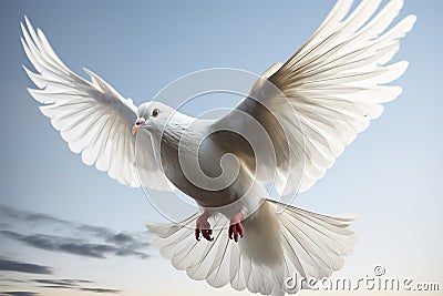 Homing pigeon in flight, its white feathers soaring through air Stock Photo