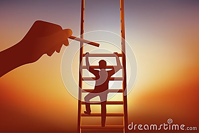 Symbol of career development with a man helped by a partner, who climbs a ladder symbolizing the hierarchy. Stock Photo