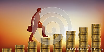 Concept of financial success with ambitious man symbolically climbing stairs made of coins Stock Photo