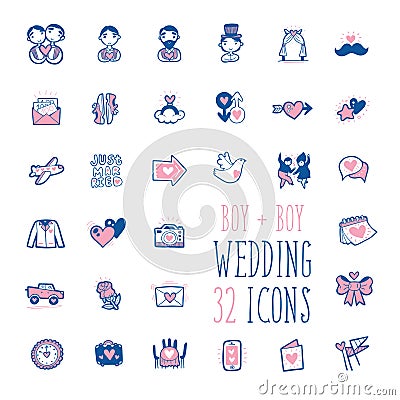 Homosexual Boys Wedding Doodle Icons Collection Vector Illustration