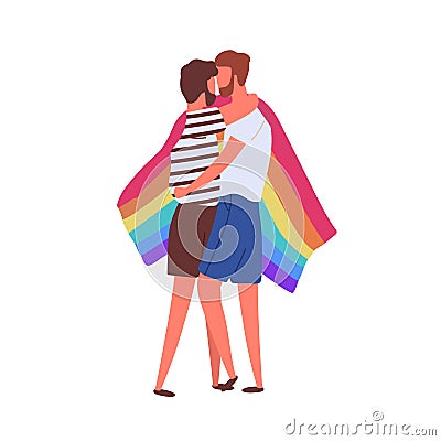 Homosexual cartoon male couple hugging covering rainbow flag vector flat illustration. Two bearded boyfriends kissing Vector Illustration