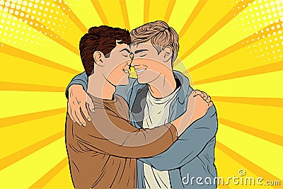 Homosexual couple hugging and kissing. Pride gay boys love illustration in pop art retro comic style. Vector Illustration