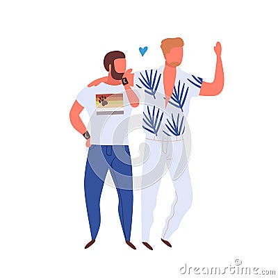 Homosexual couple on pride parade isolated on white. Two men hugging. Same sex parners walking together. Lgbtq activists Vector Illustration