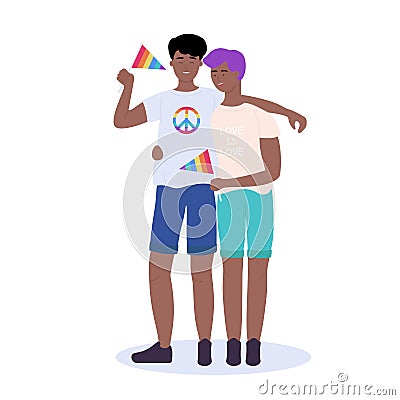 Homosexual couple with rainbow flags in hands Vector Illustration