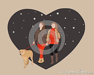 Homosexual female couple holding hands walking with dog vector flat illustration. Vector Illustration