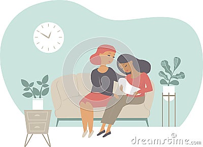 Homosexual female lgbt family. Two gay women nursing a baby. Love between women, lesbians, couple of women with newborn child Vector Illustration