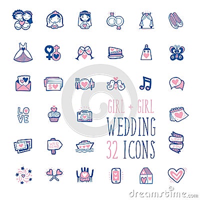 Homosexual Girls Wedding Doodle Icons Collection Vector Illustration