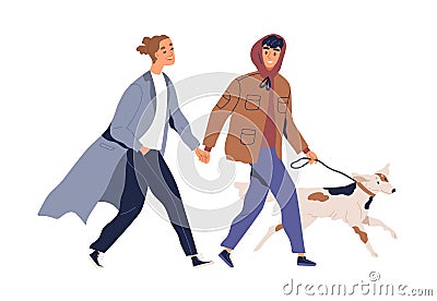 Homosexual male couple holding hands walking with dog vector flat illustration. Two guys smiling spending time together Vector Illustration