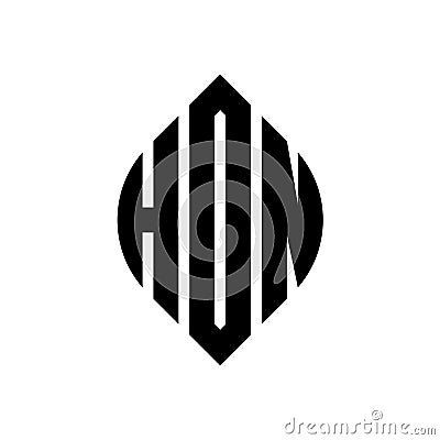 HON circle letter logo design with circle and ellipse shape. HON ellipse letters with typographic style. The three initials form a Vector Illustration