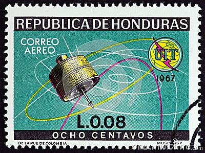 HONDURAS - CIRCA 1968: A stamp printed in Honduras shows Early Bird satellite, circa 1968. Editorial Stock Photo